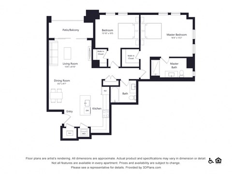 Floor plan for 2 beds, 2 baths, 1285 sqft